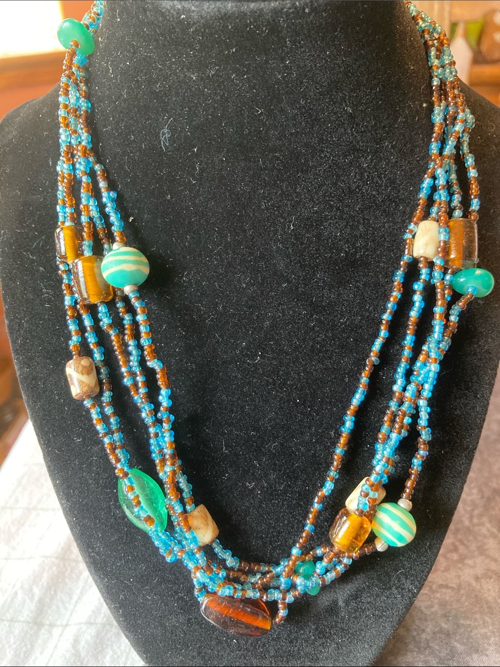 Multi-Strand Bohemian Aqua and Brown Beaded Necklace - Women Jewelry